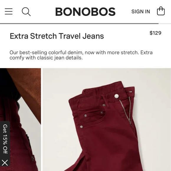 Bonobos Stretch travel jeans 33/34 Tailored fit- burgandy - Picture 3 of 9
